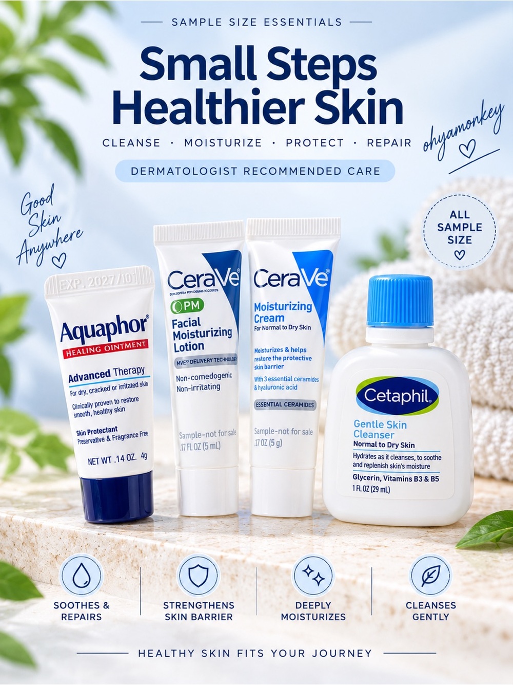 CeraVe Cetaphil Aquaphor Hydrating Skin Barrier Travel Size Bundle